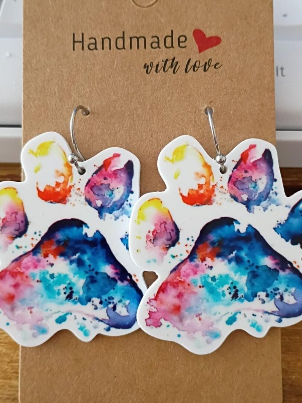 Multicolor Rainbow Watercolor Paw Print Fashion Statement Earrings